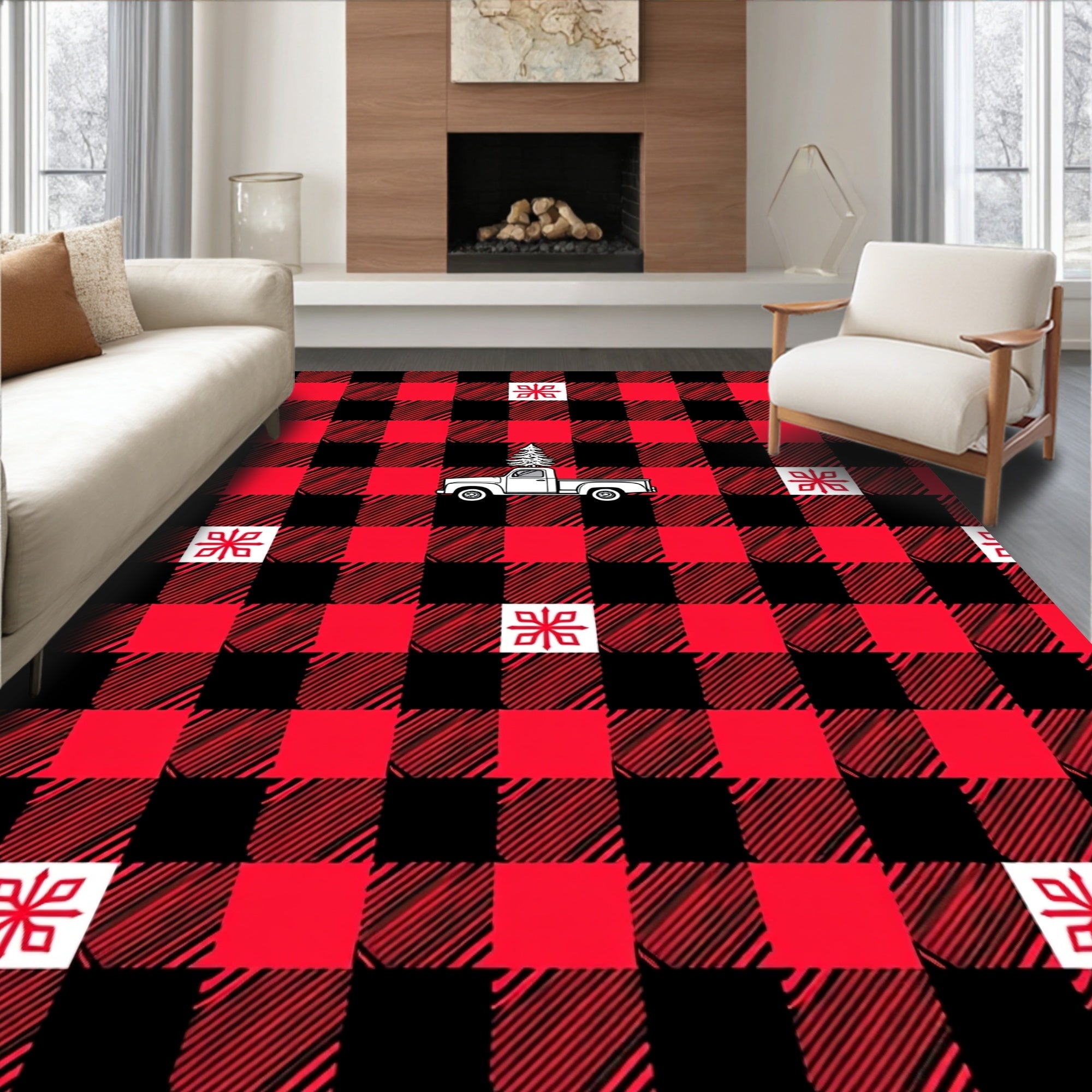 Red Black Buffalo Truck Christmas Tree Rug