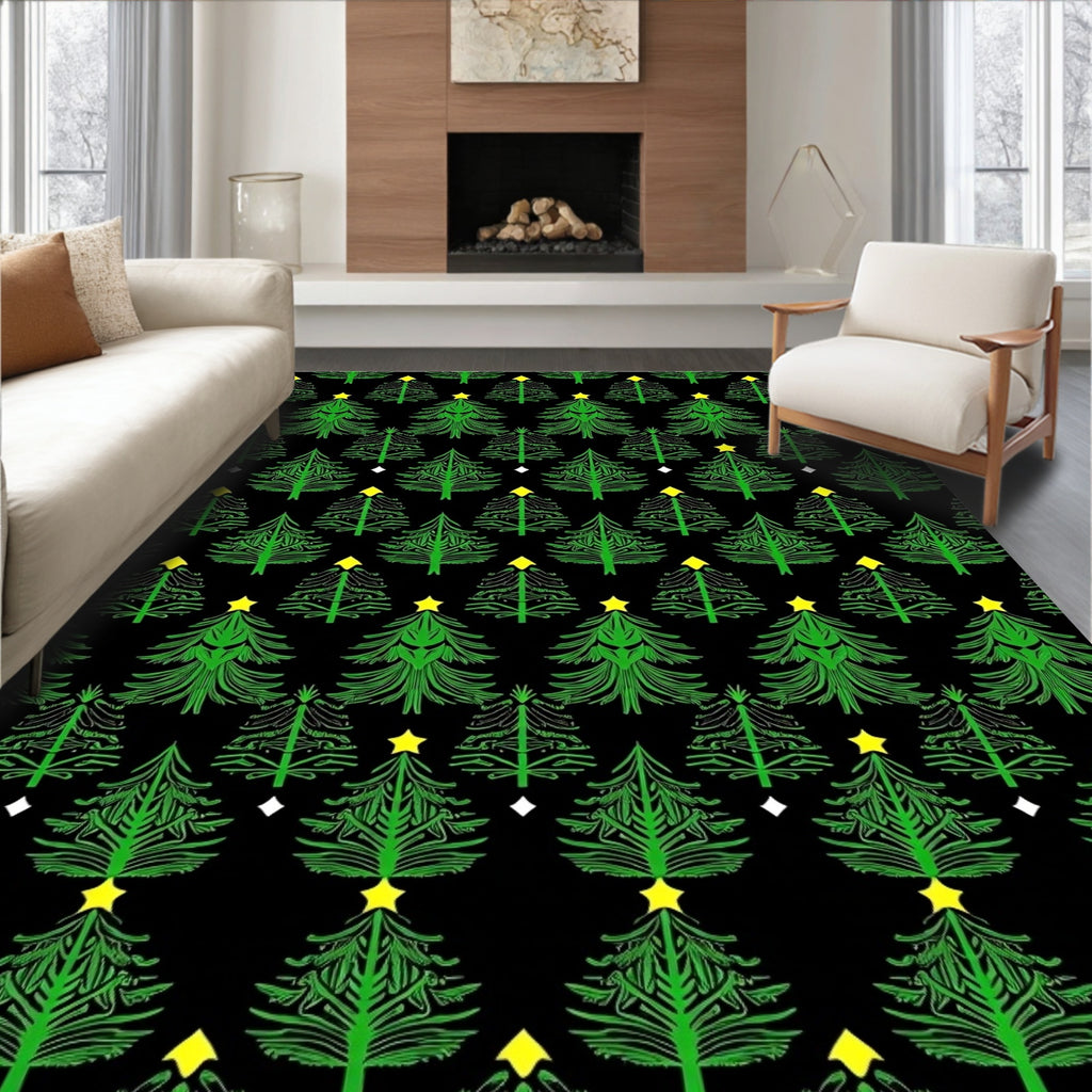 Green Evergreen Christmas Trees Yellow Stars Rug