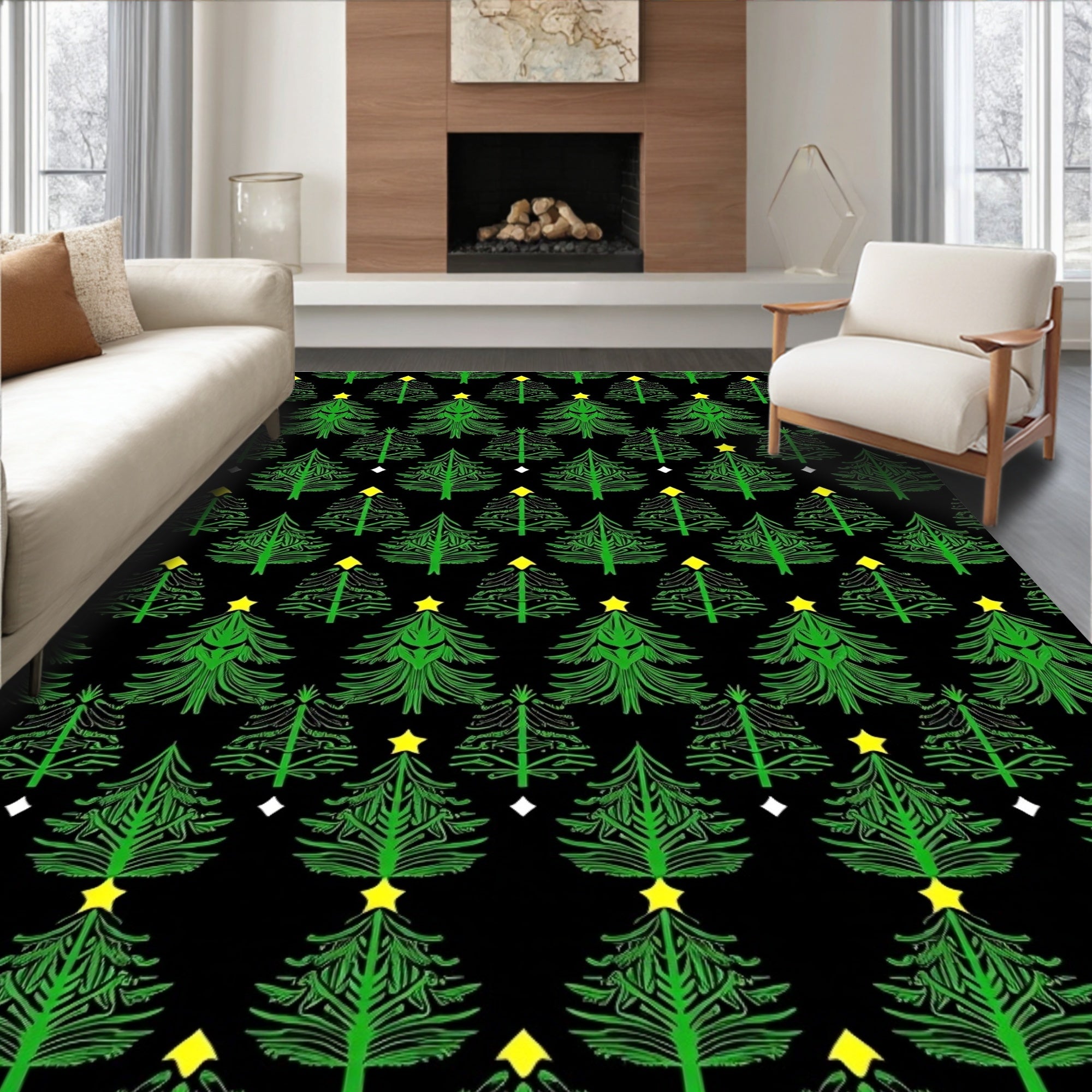 Green Evergreen Christmas Trees Yellow Stars Rug