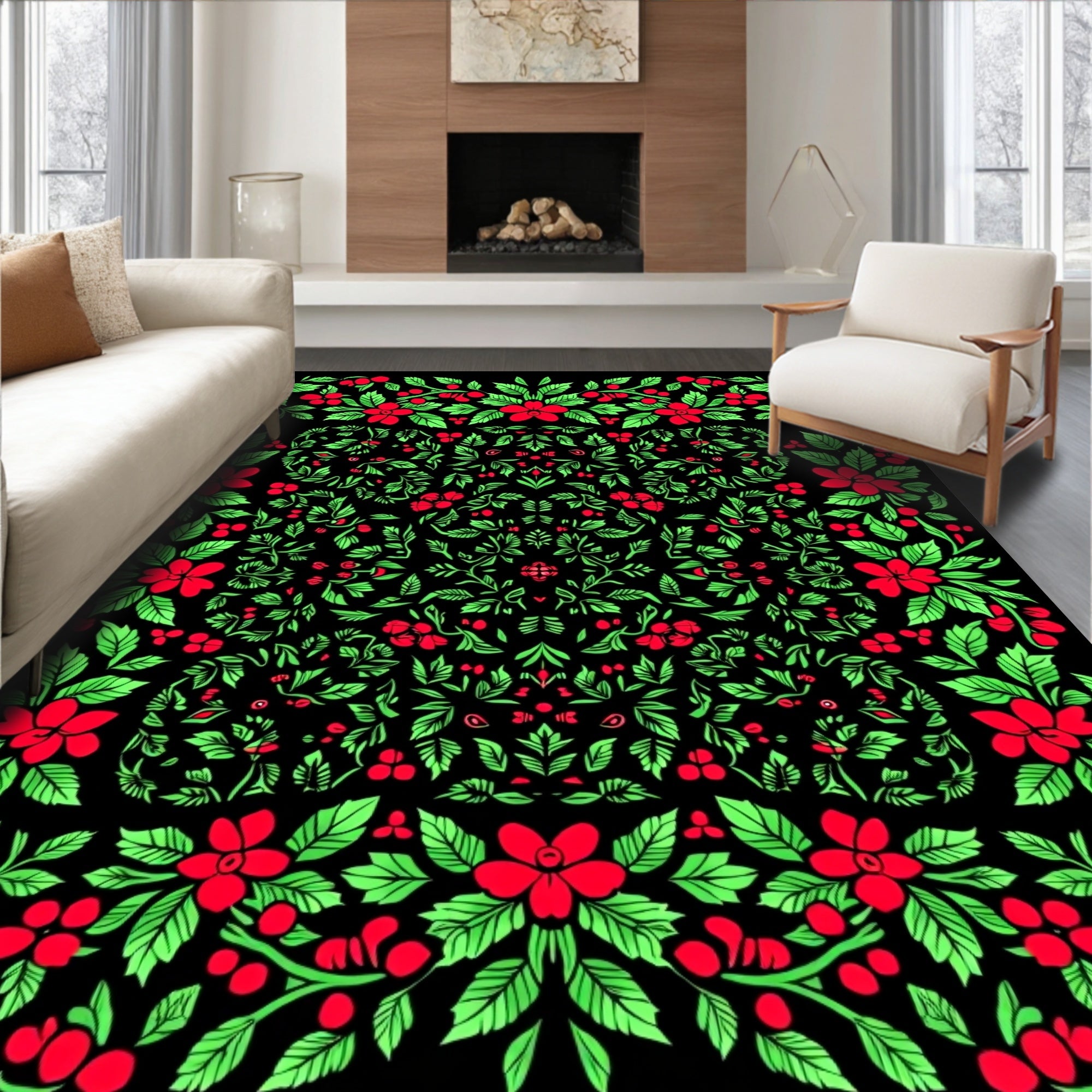 Black Floral Berry Garden Immersive Rug