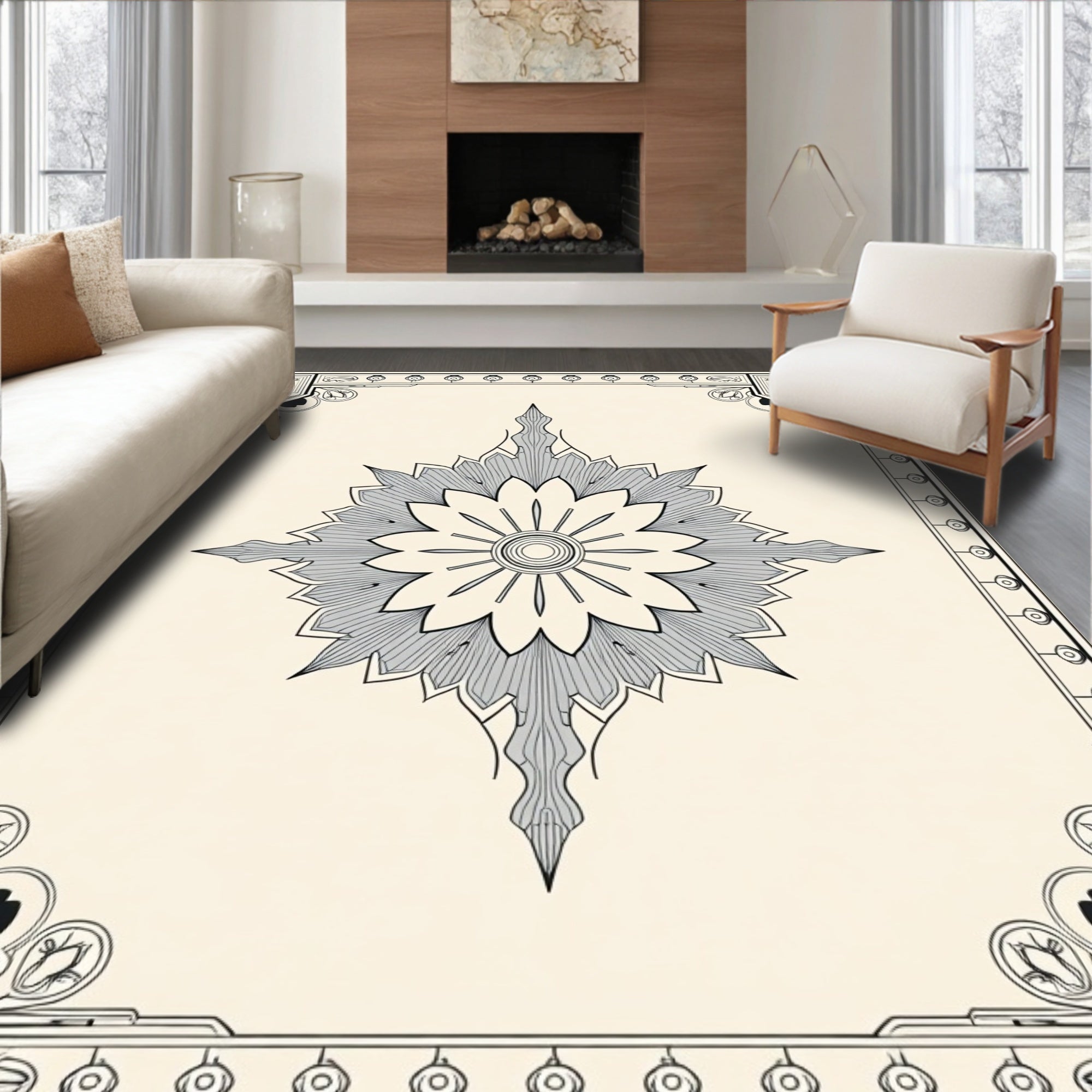 Cream Gray Art Deco Star Burst Rug