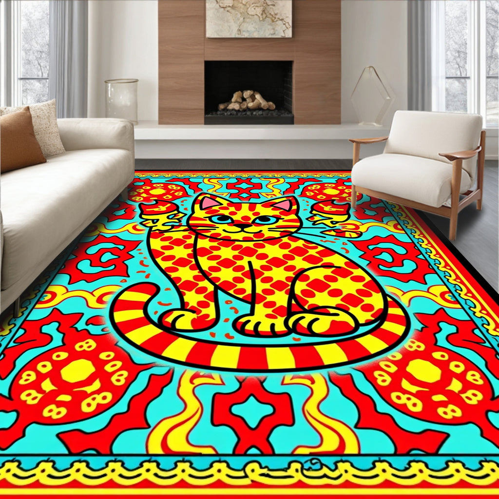 Vibrant Yellow Red Cat Medallion Rug