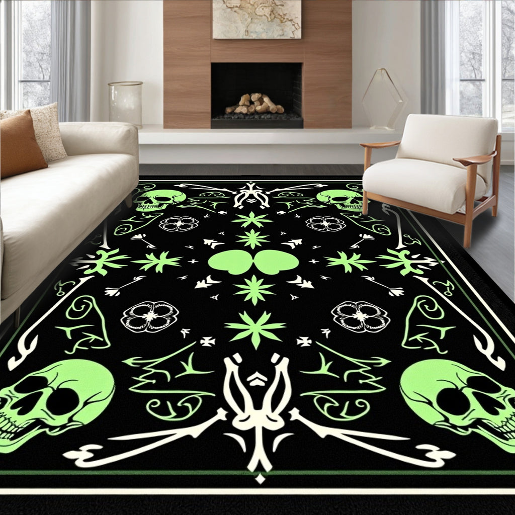 Glow In Dark Skull Floral Border Rug