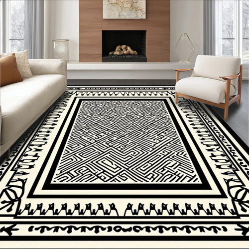 Abstract Black White Maze Border Rug