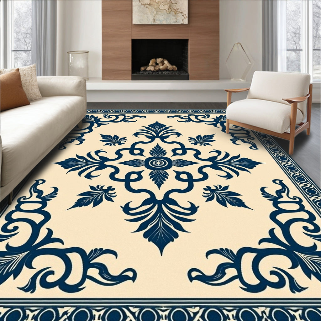 Deep Blue Scroll Corner Floral Rug