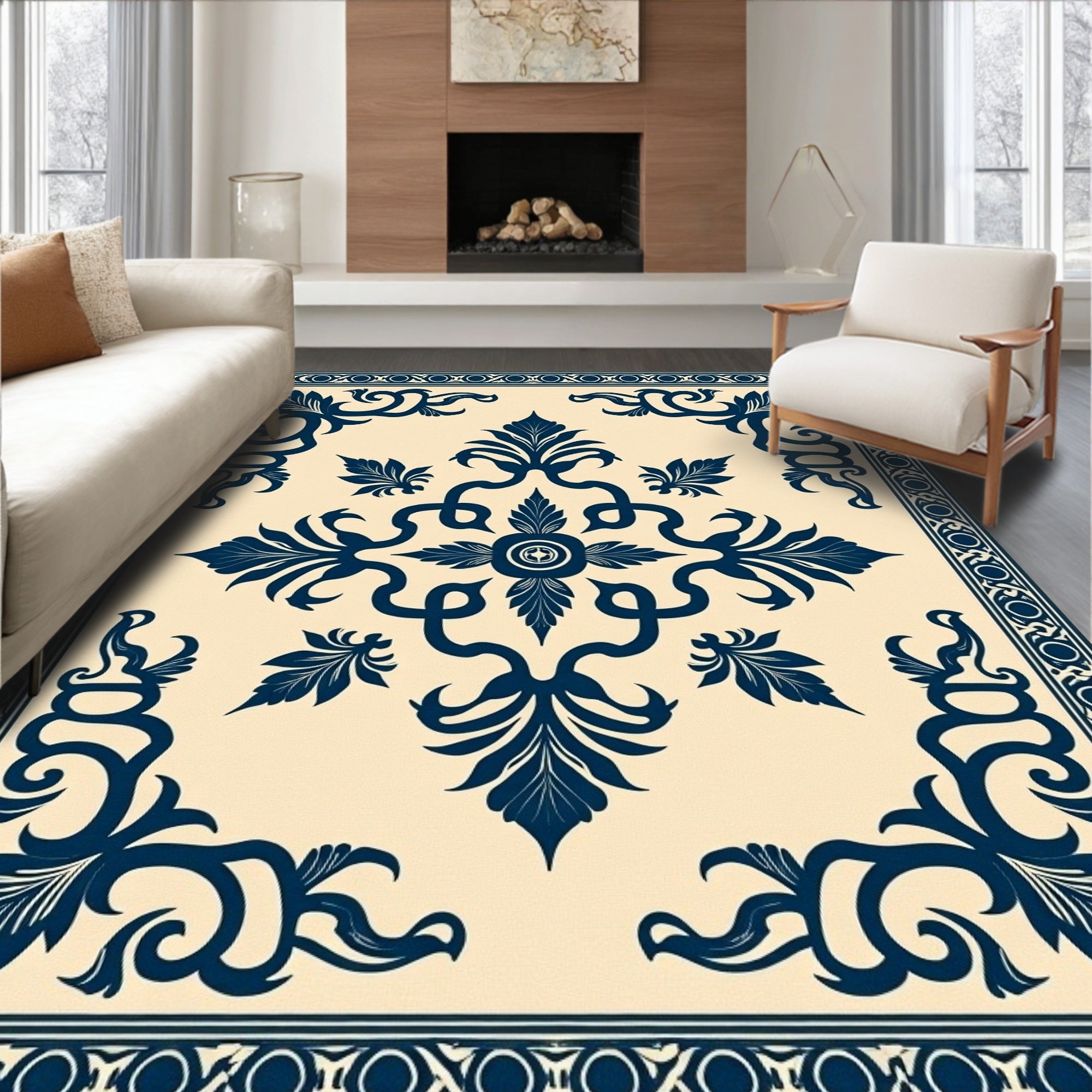 Deep Blue Scroll Corner Floral Rug