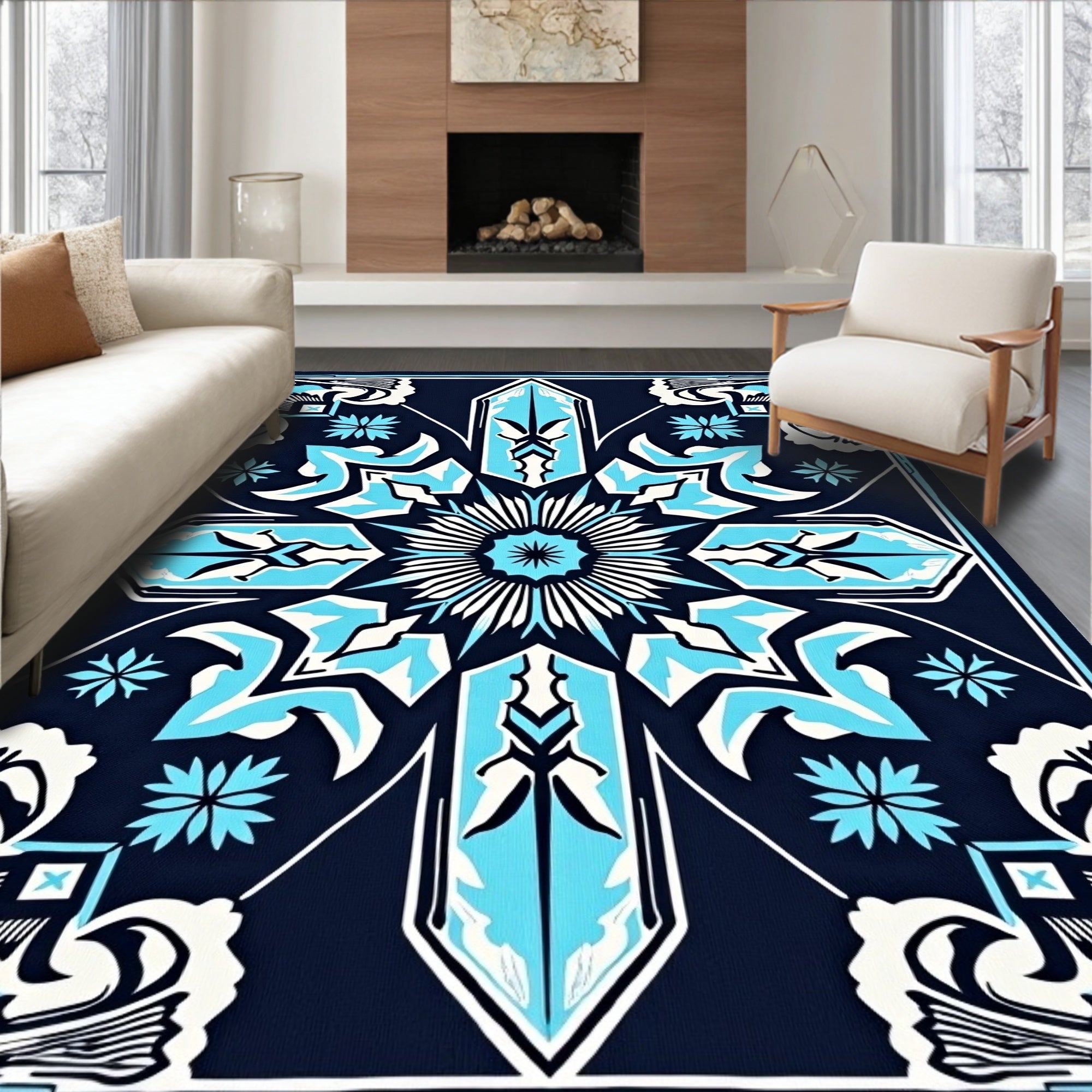Deep Blue Ice Crystal Medallion Rug