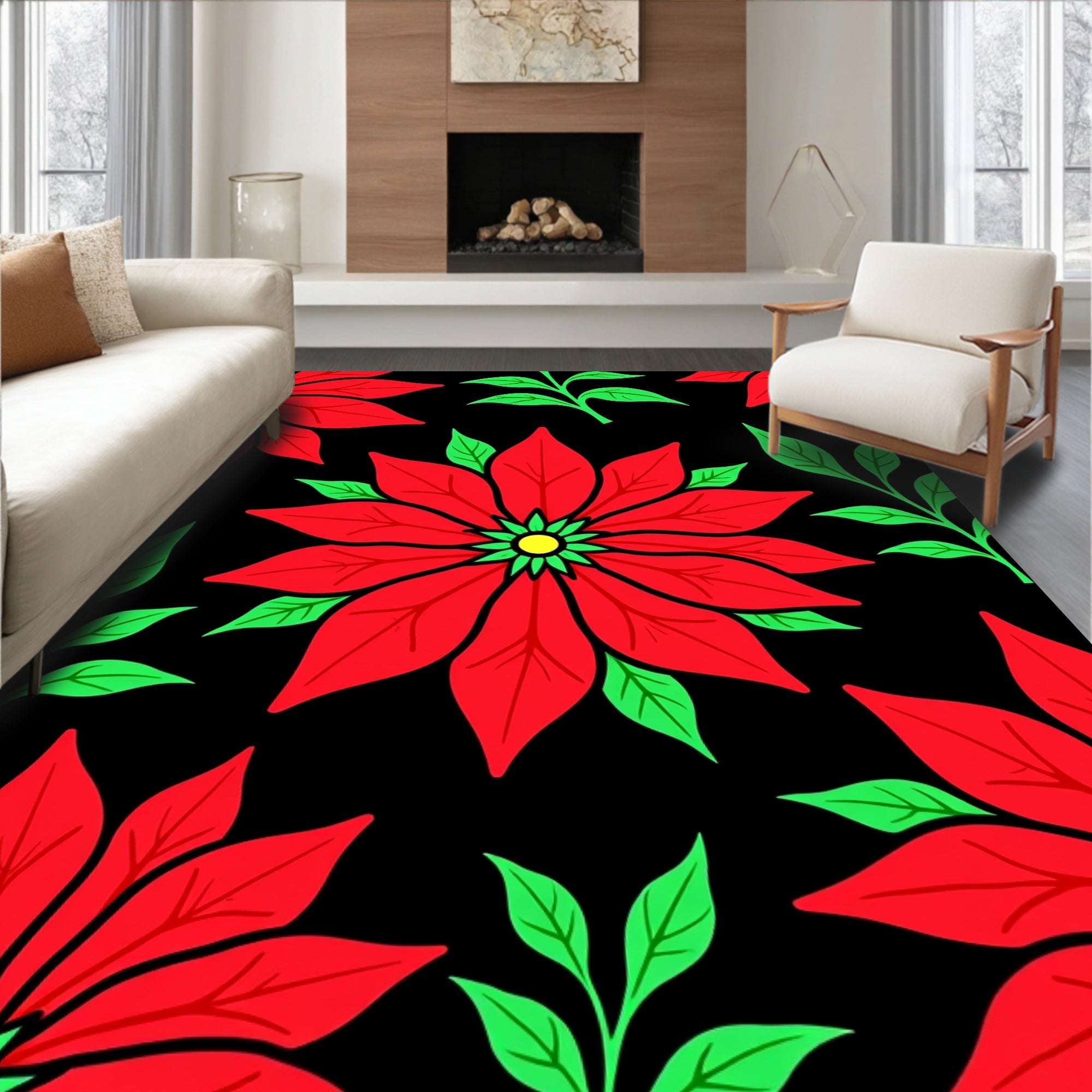 Bold Red Poinsettia Floral Cluster Rug