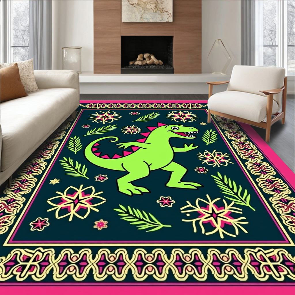 Lively Green Dinosaur Floral Border Rug