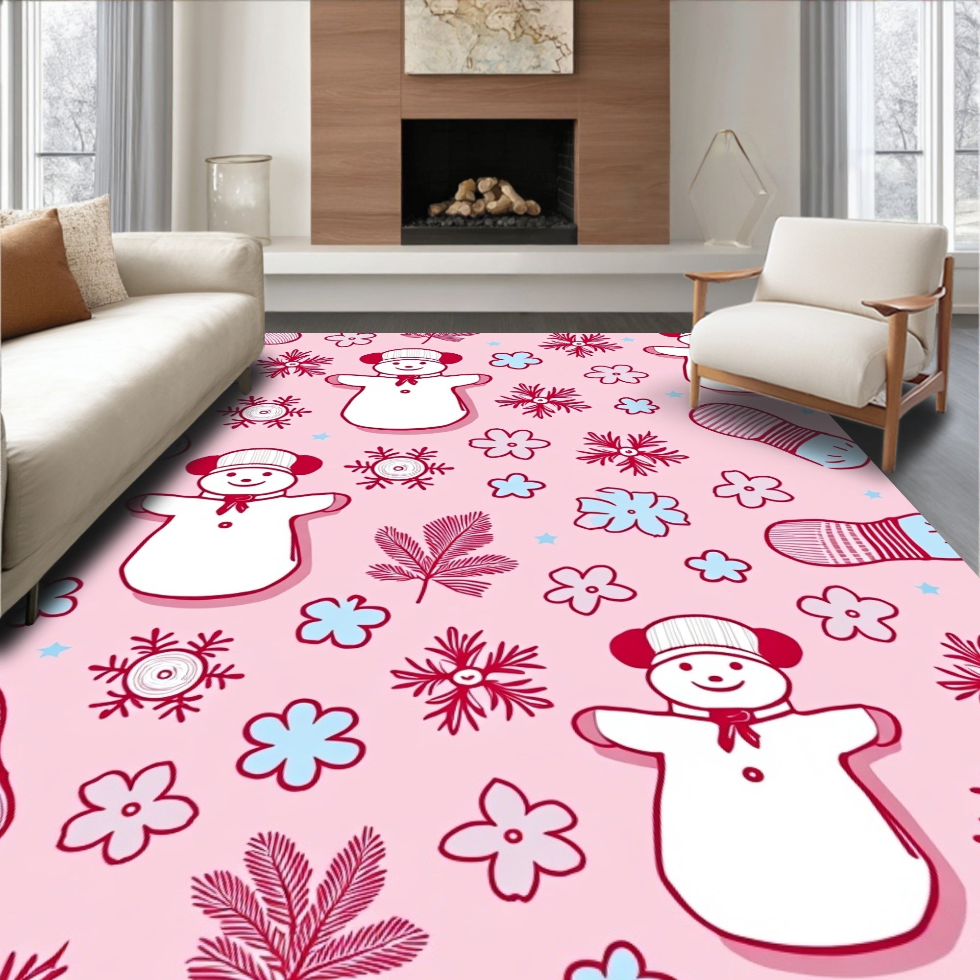 Whimsical Snowman Red Floral Accents Rug