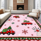 Red Cars Christmas Tree Snowflakes Pink Rug