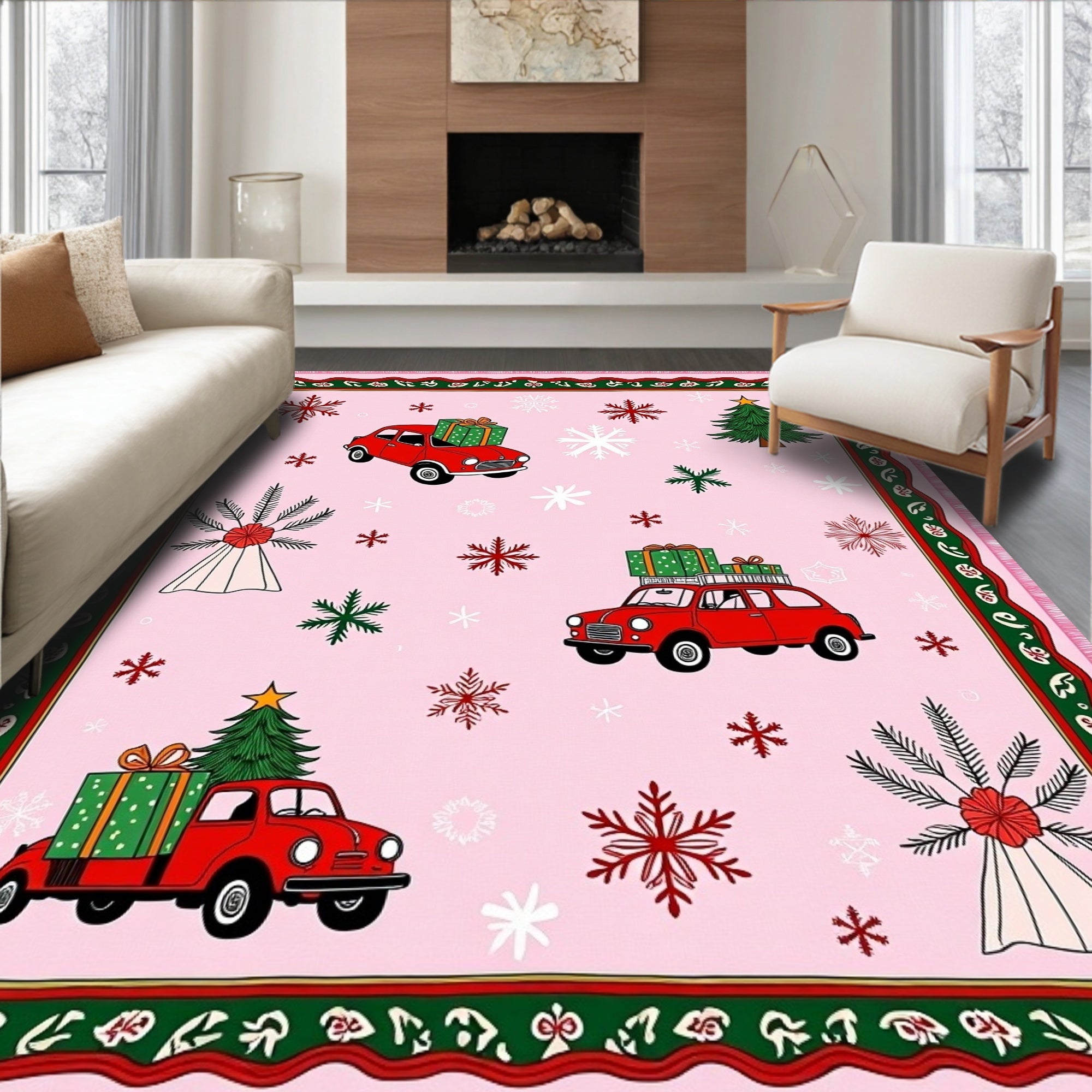 Red Cars Christmas Tree Snowflakes Pink Rug