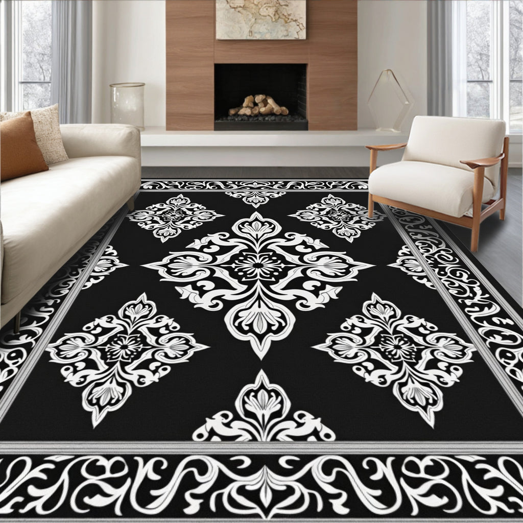 Elegant Black White Damask Medallion Rug