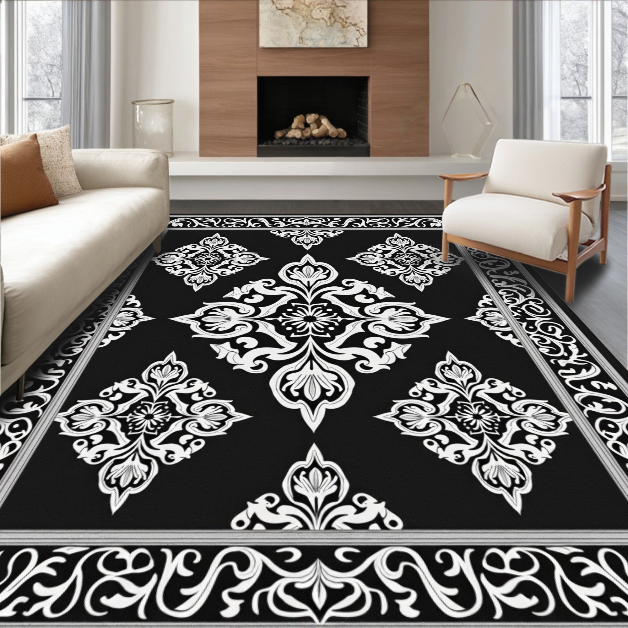 Elegant Black White Damask Medallion Rug
