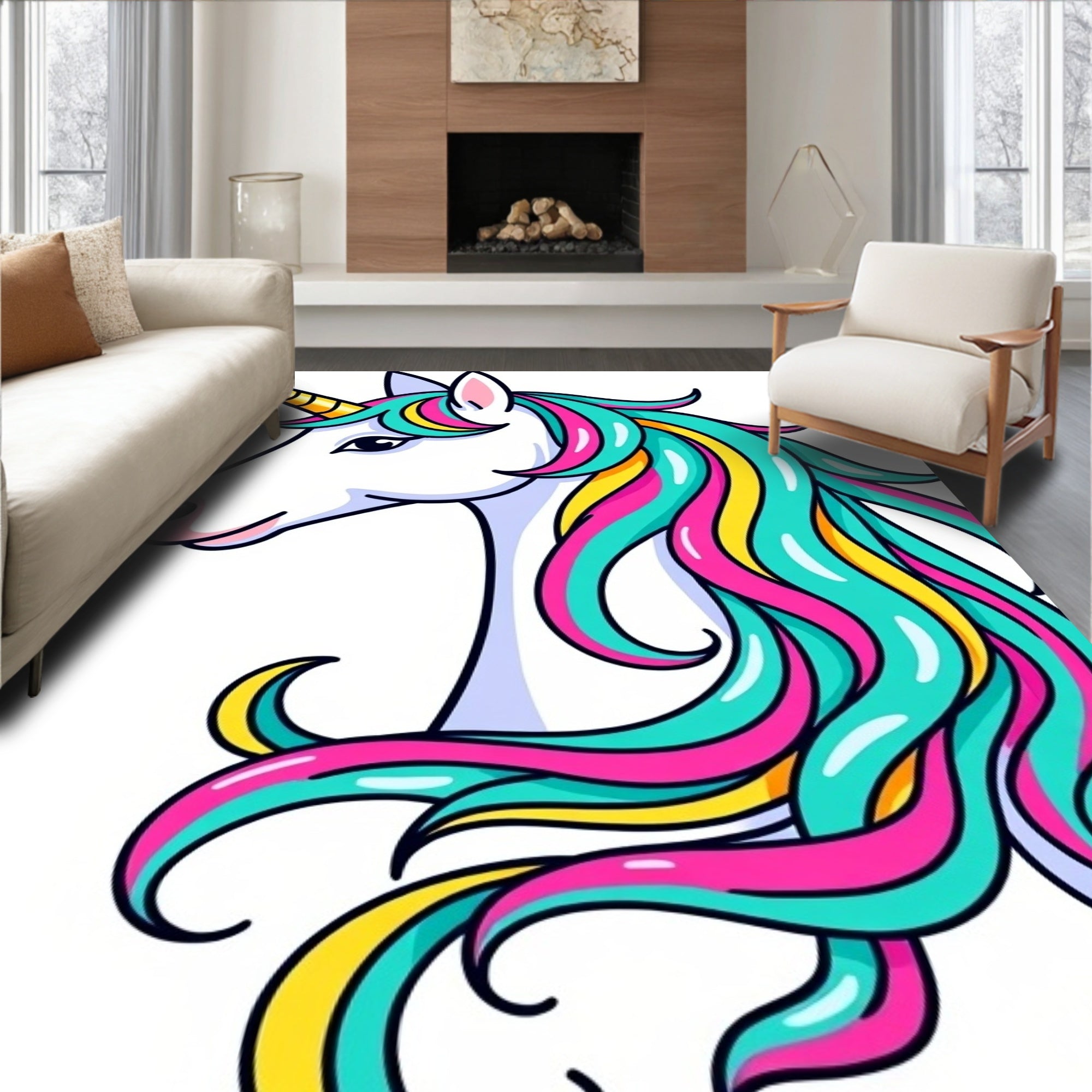 Vibrant Rainbow Mane Unicorn Head Rug