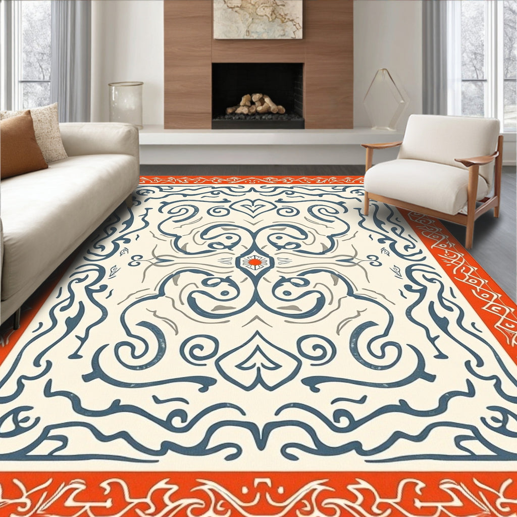 Orange Cream Blue Scrollwork Medallion Rug