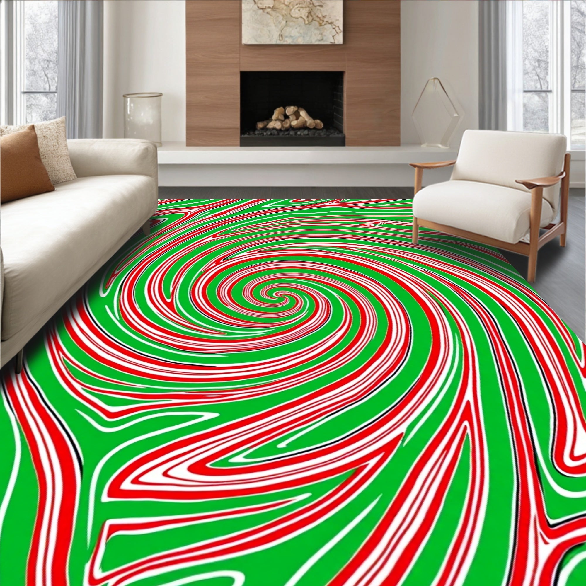 Vibrant Green Red Swirl Vortex Rug