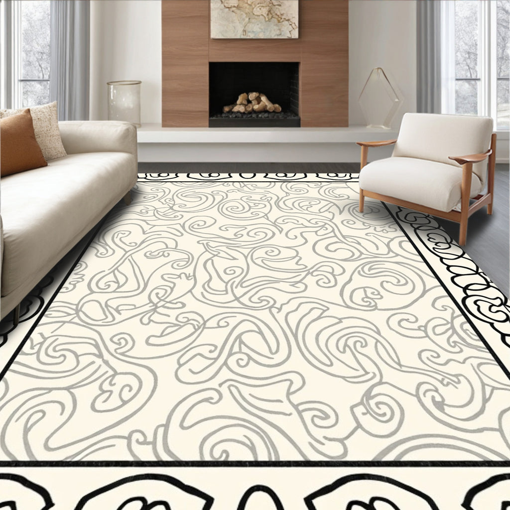Ornate Ivory Scrollwork Border Rug