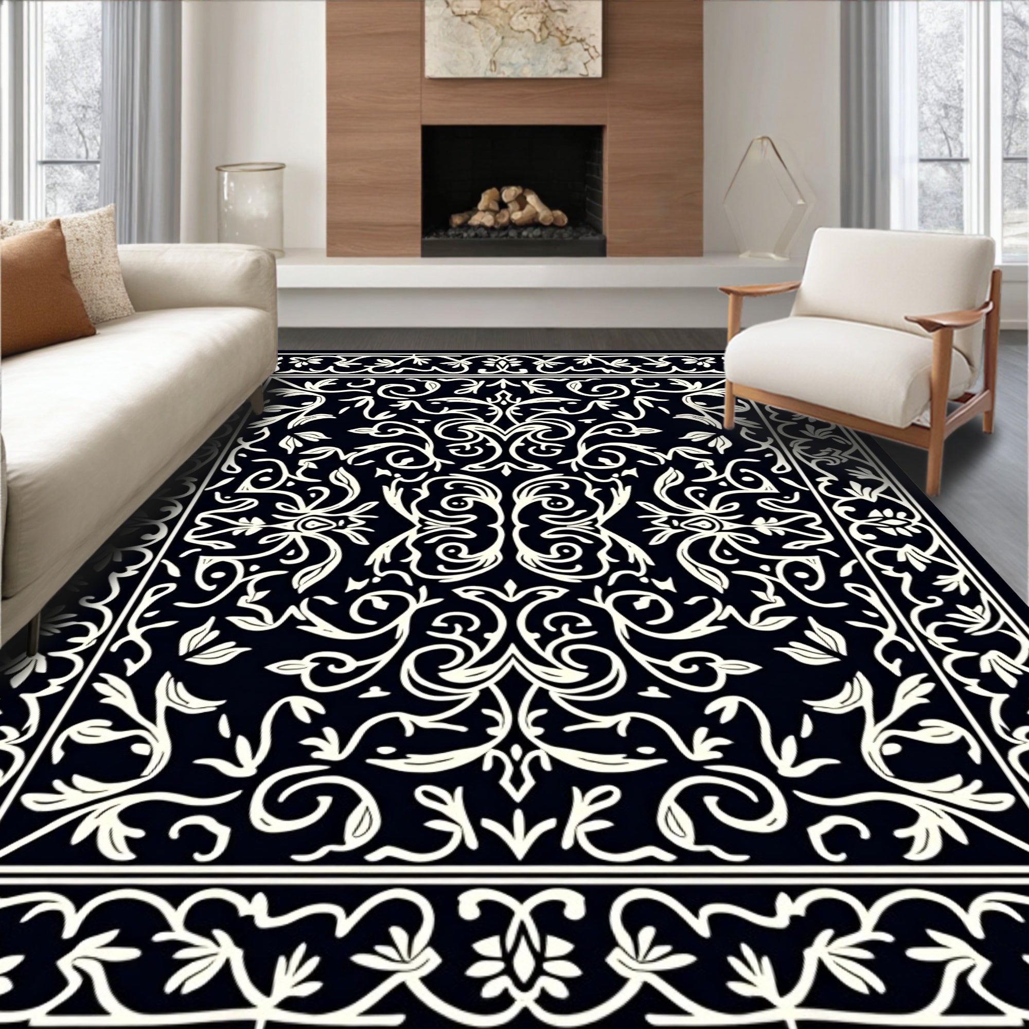 Elegant Ivory Baroque Foliate Design Rug