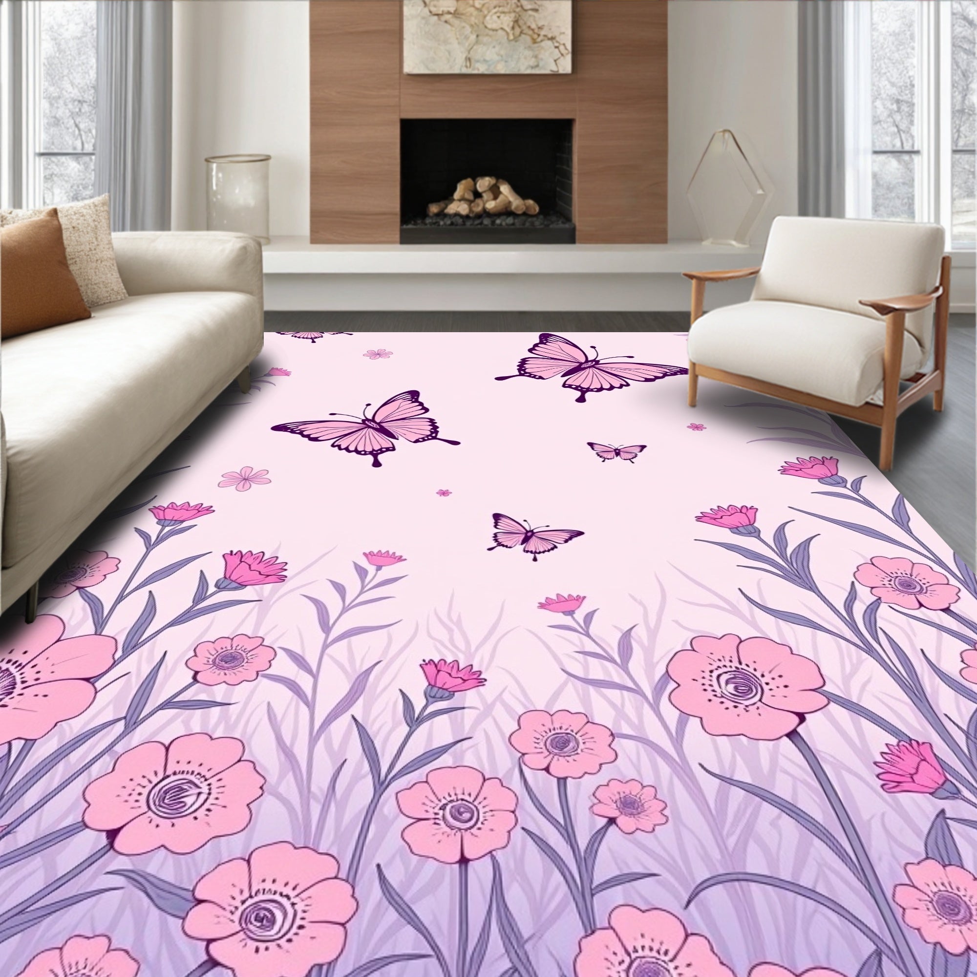 Pink Butterfly Flower Meadow Rug