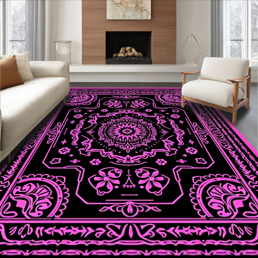 Vibrant Pink Black Medallion Paisley Rug