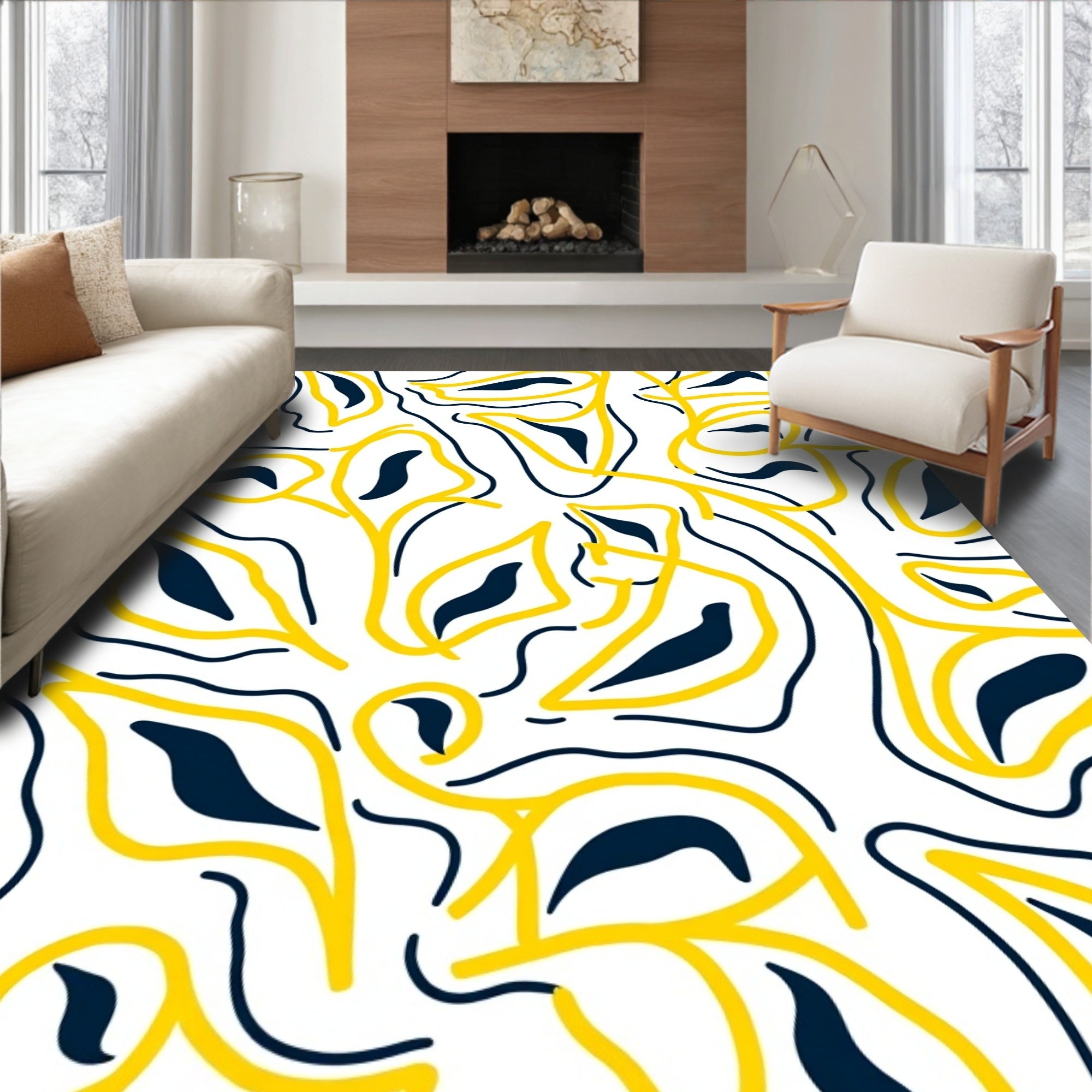 Abstract Yellow Blue Organic Swirls Rug
