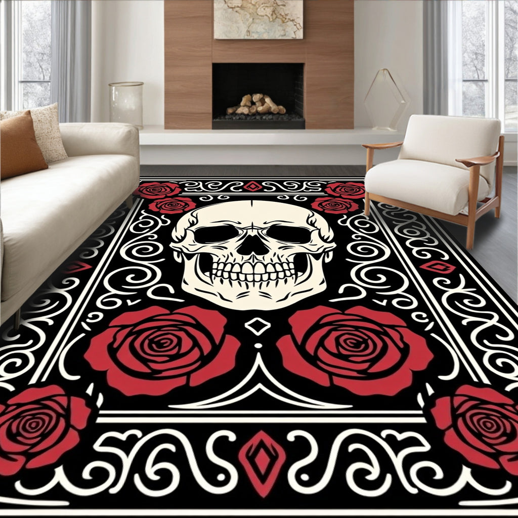 Crimson Roses Skull Gothic Swirls Rug