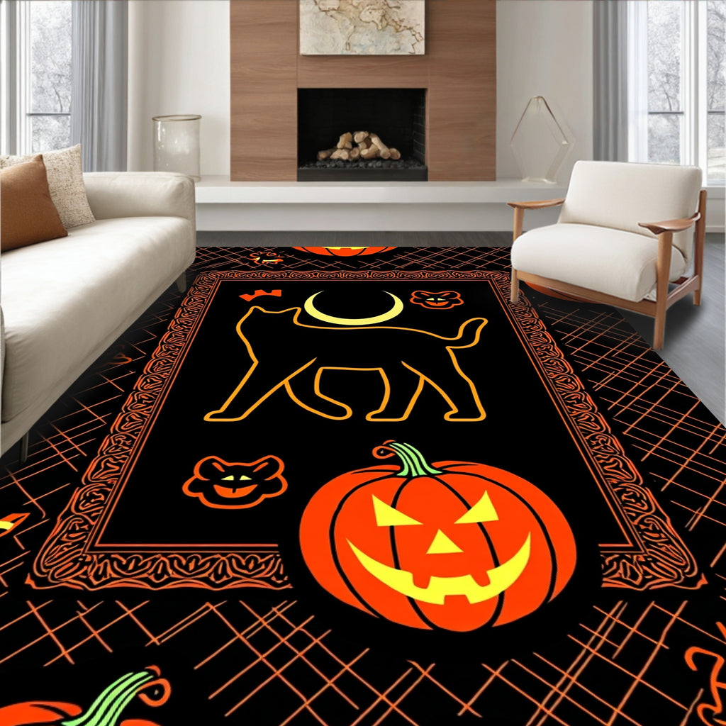 Black Orange Cat Moon Pumpkin Rug