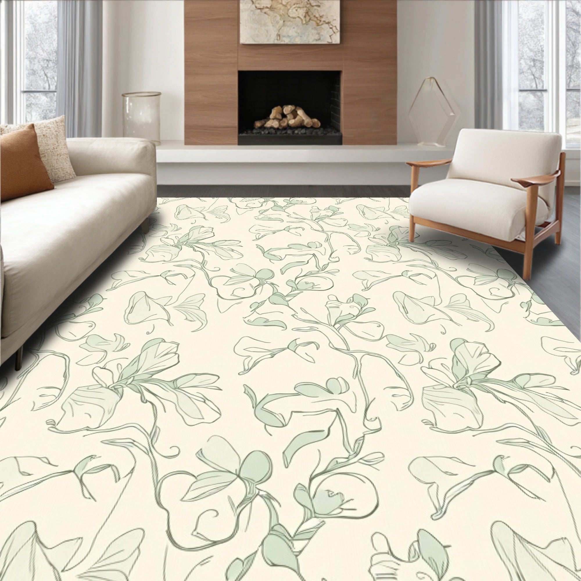 Soft Green Floral Line Art Rug