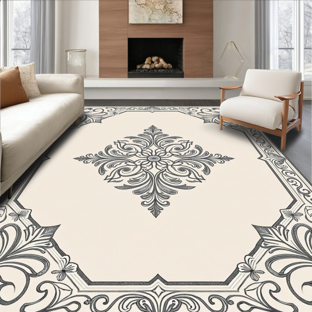Cream Ivory Scrollwork Medallion Border Rug