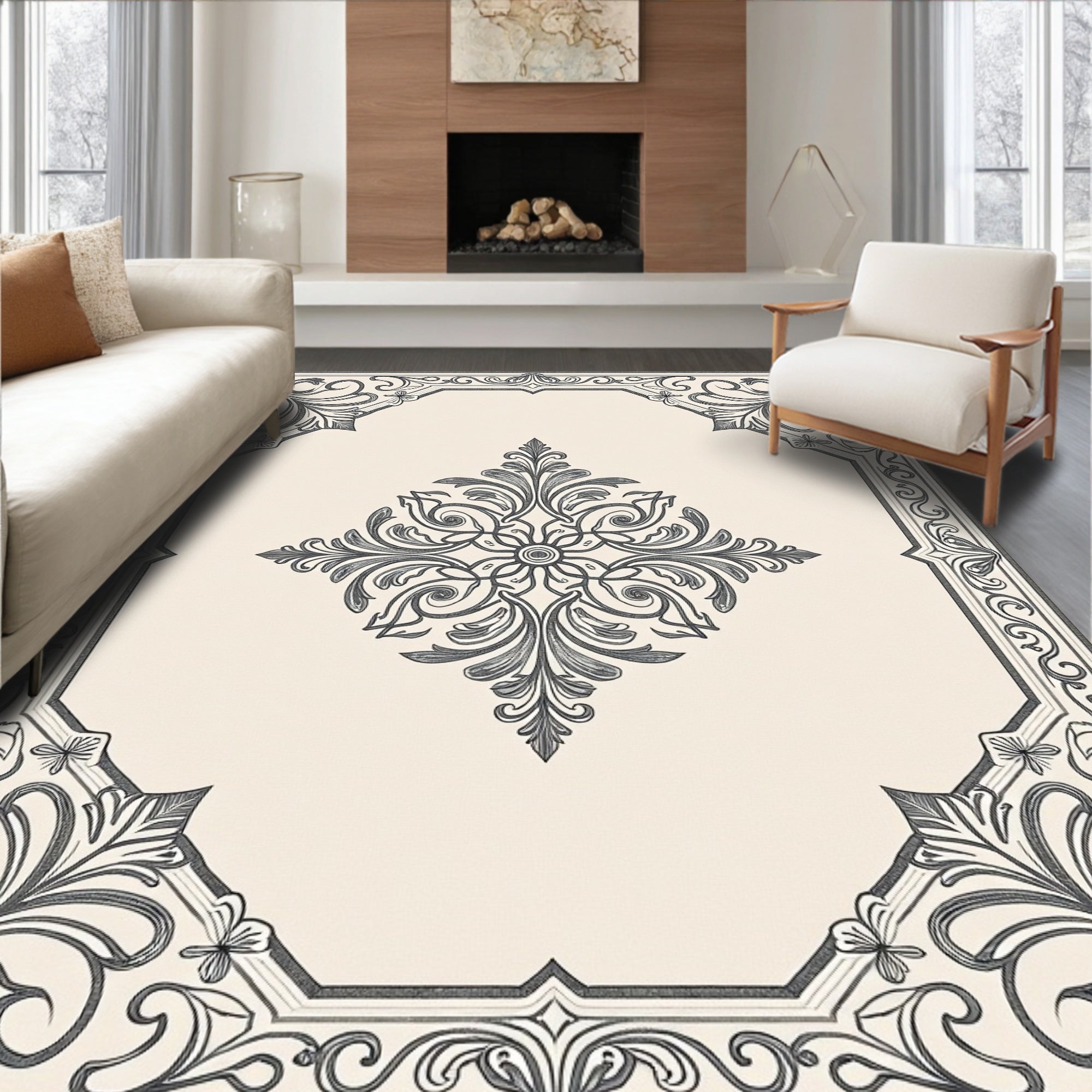 Cream Ivory Scrollwork Medallion Border Rug