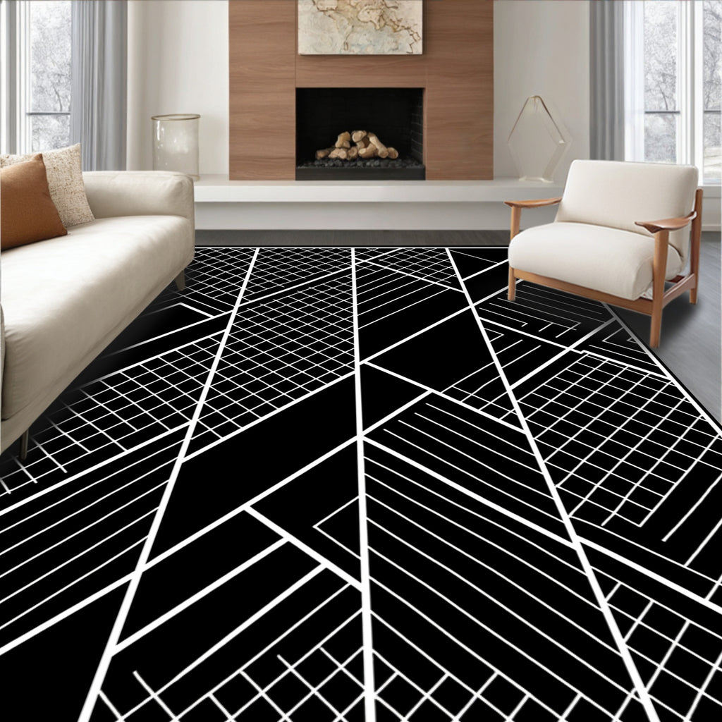 Black White Geometric Labyrinth Rug