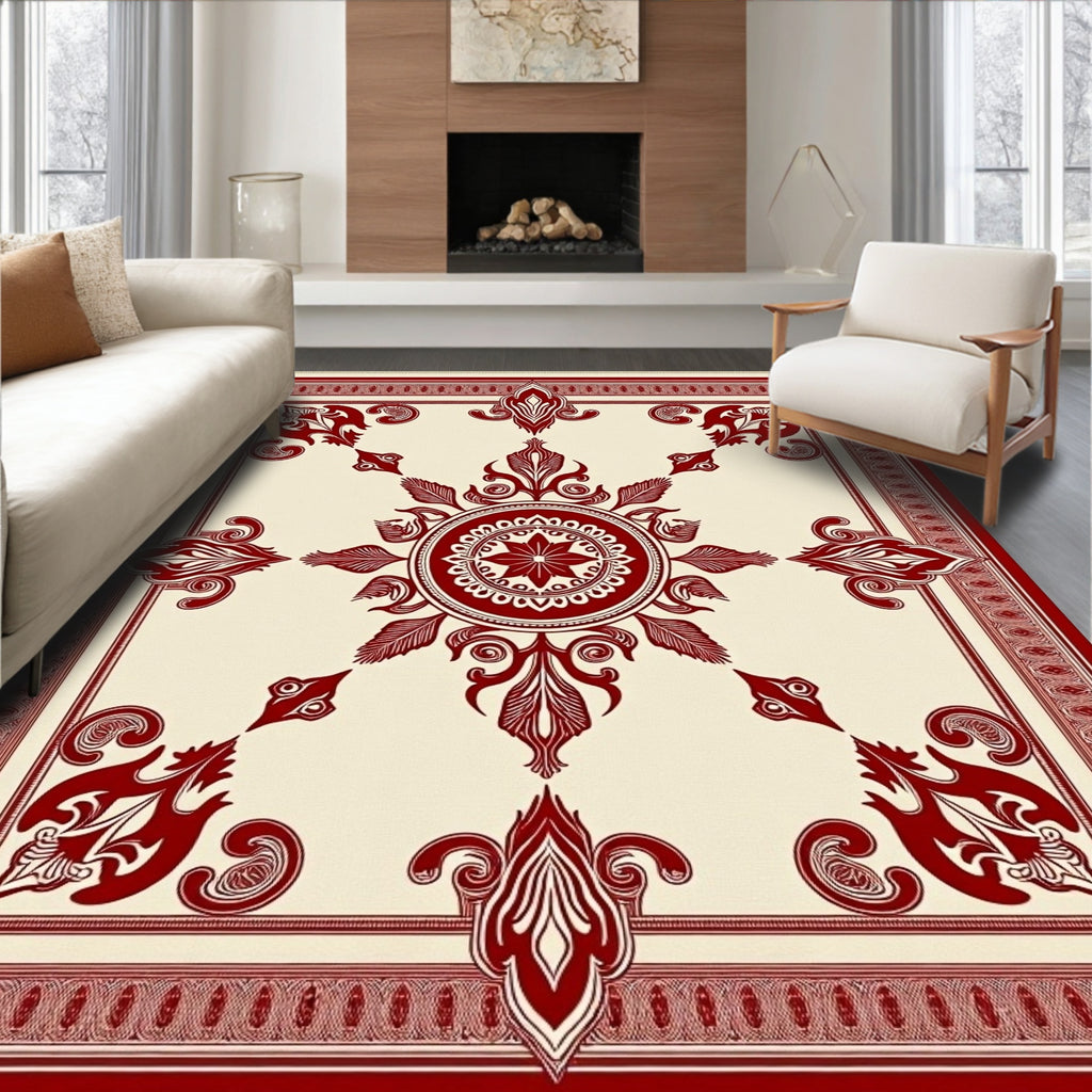 Crimson Floral Medallion on Cream Rug