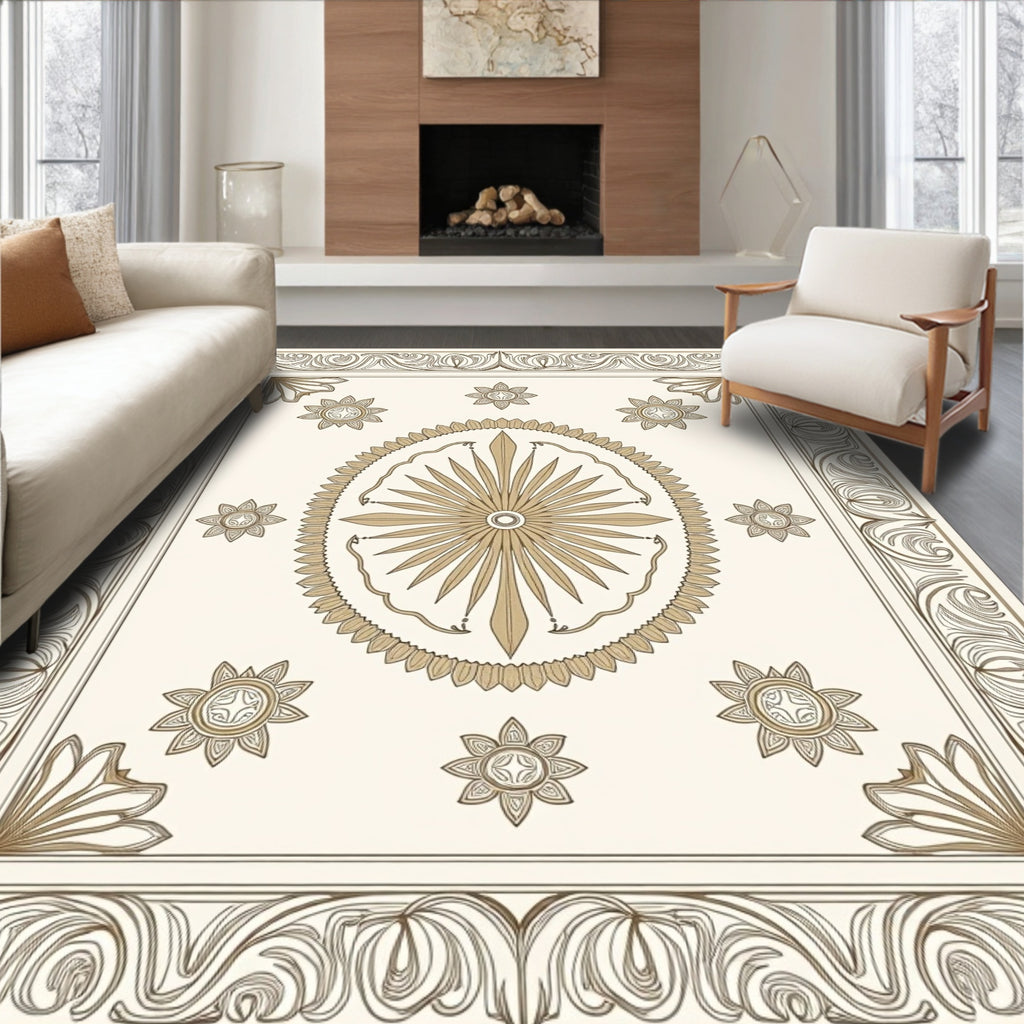 Gold and Cream Floral Medallion Border Rug