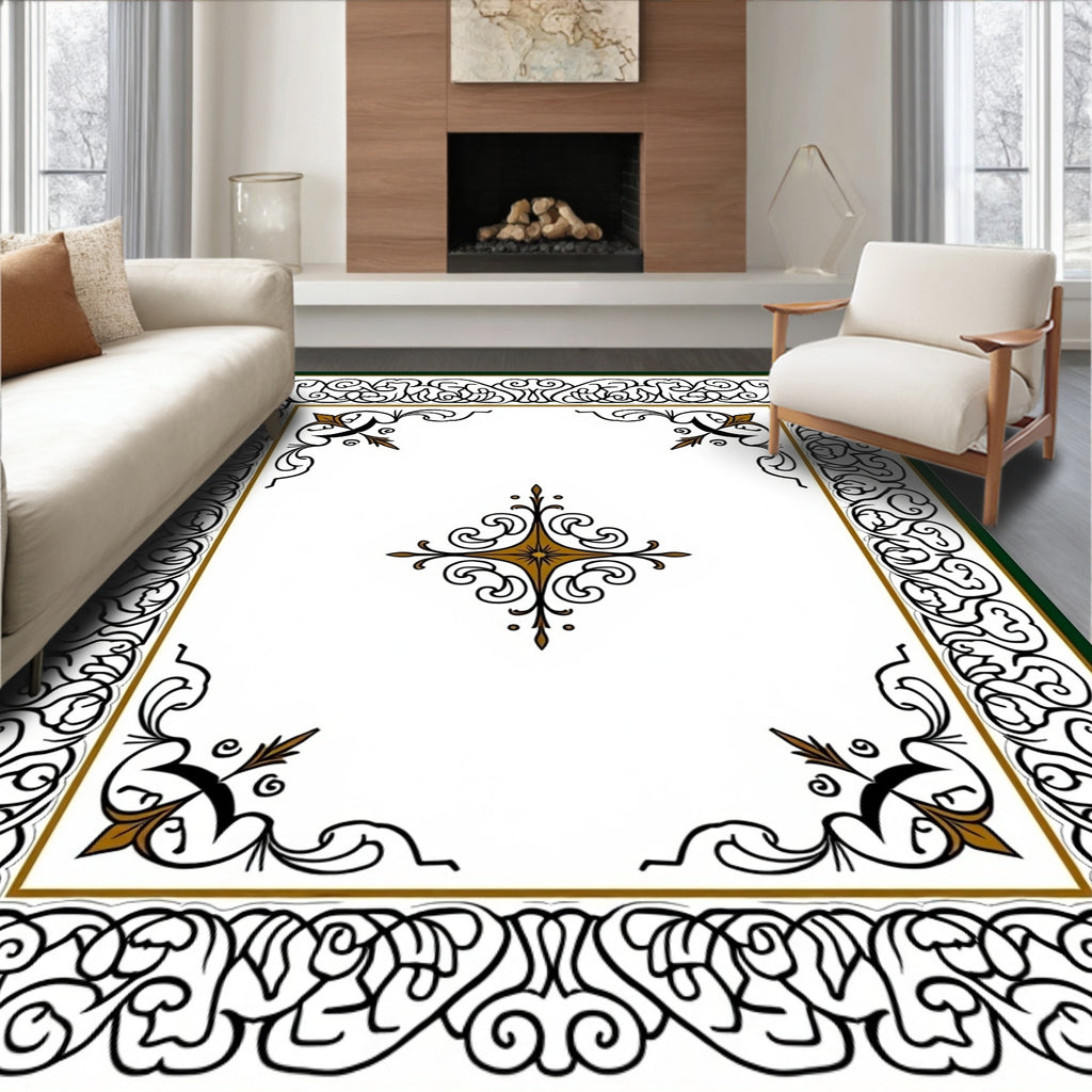 Ornate Black Gold Scroll Centerpiece Rug