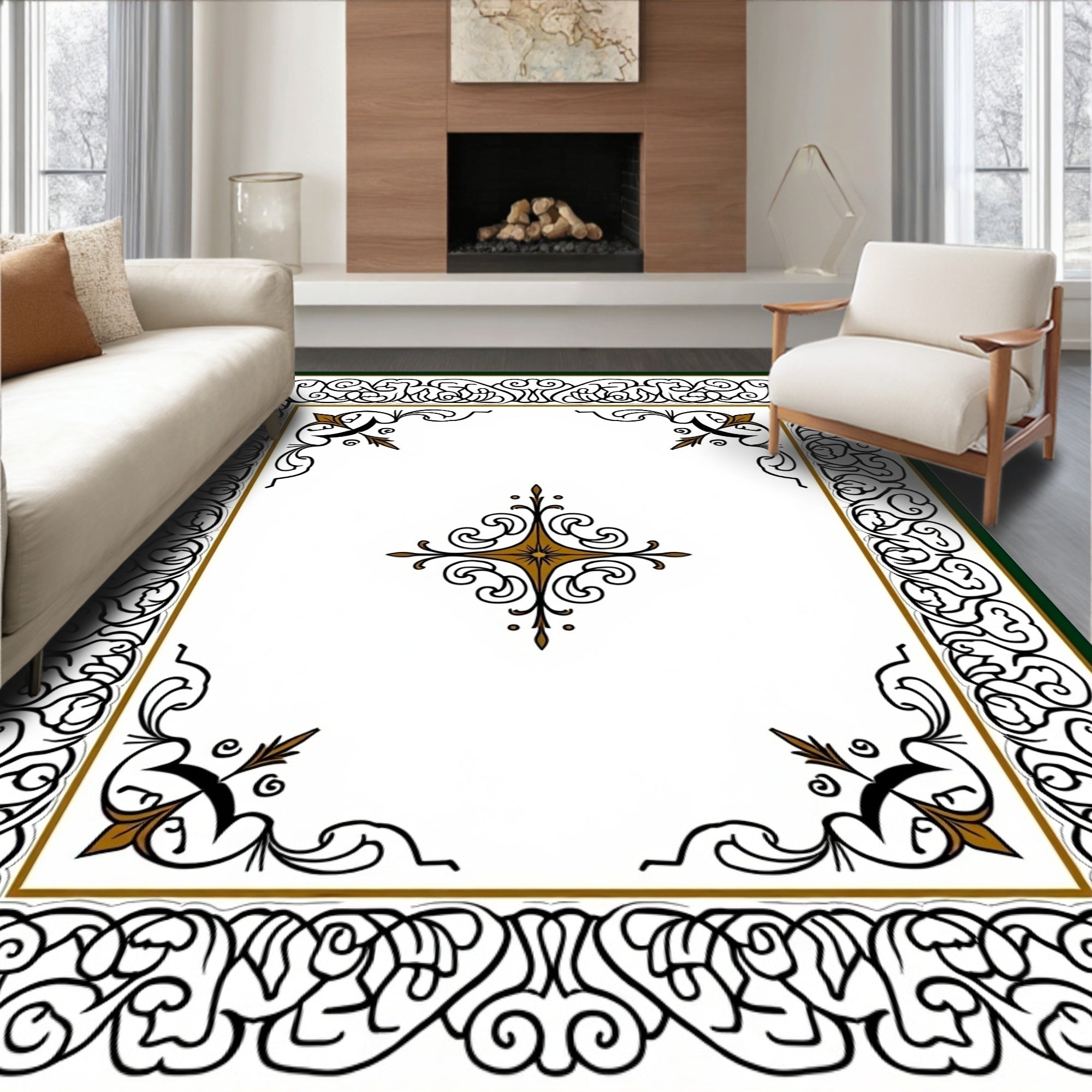 Ornate Black Gold Scroll Centerpiece Rug