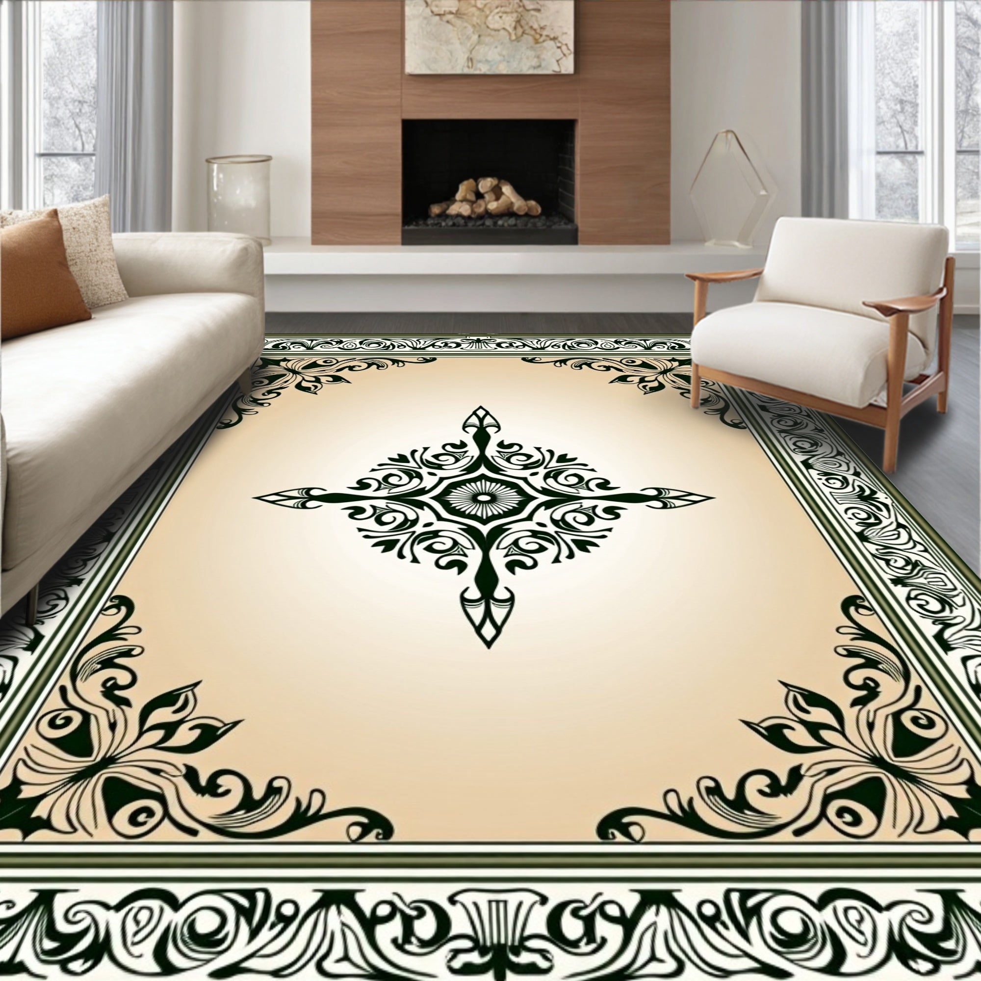 Ornate Black and Cream Floral Medallion Rug