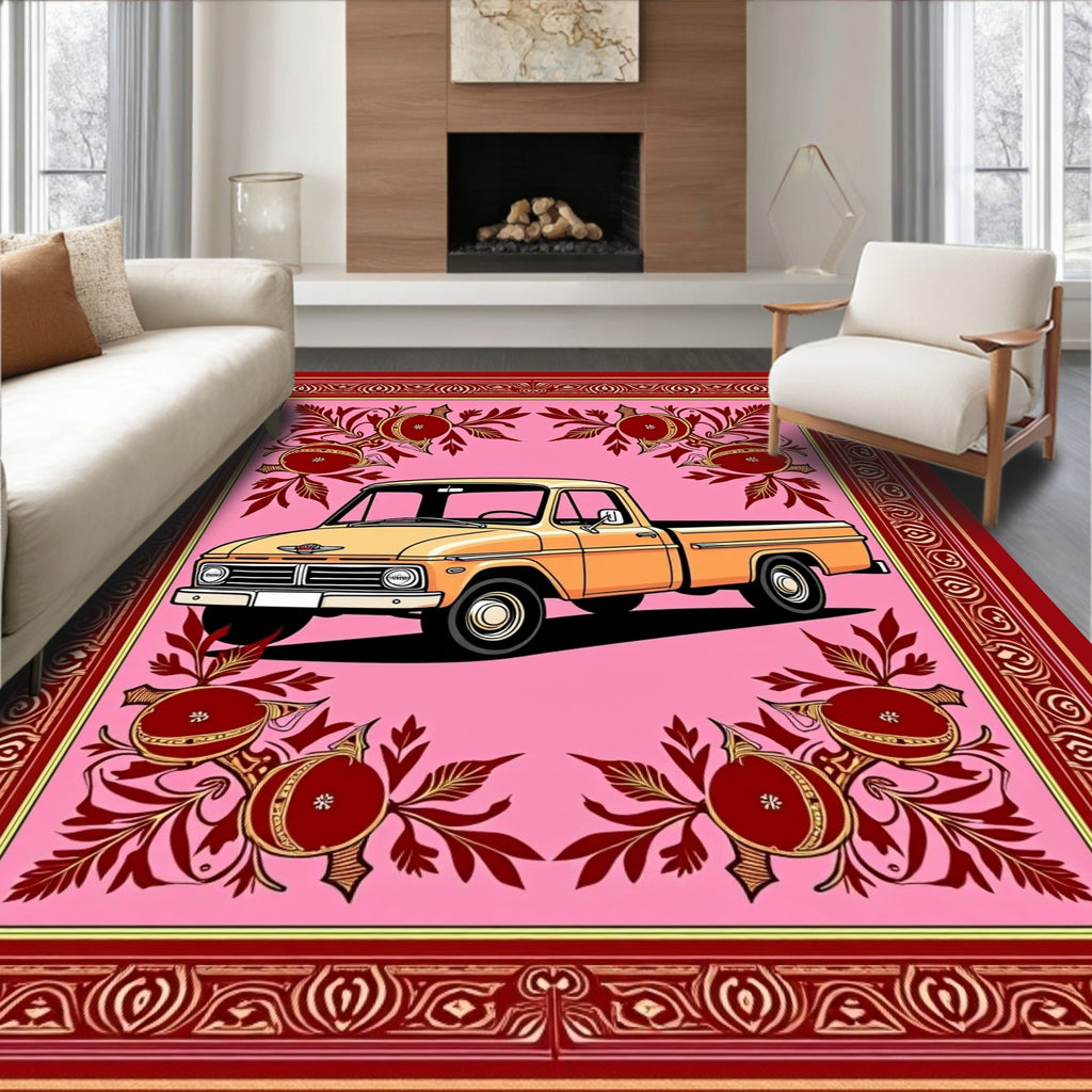 Retro Orange Truck Pomegranate Border Rug