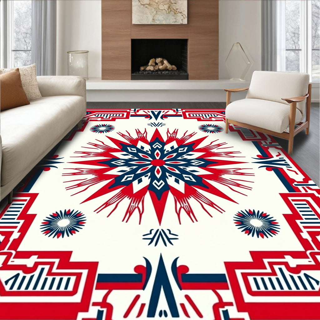 Crimson Blue Geometric Sunburst Medallion Rug