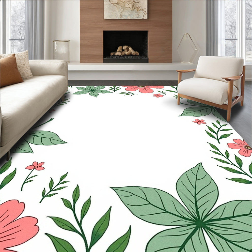 Coral Pink Floral Border Garden Rug
