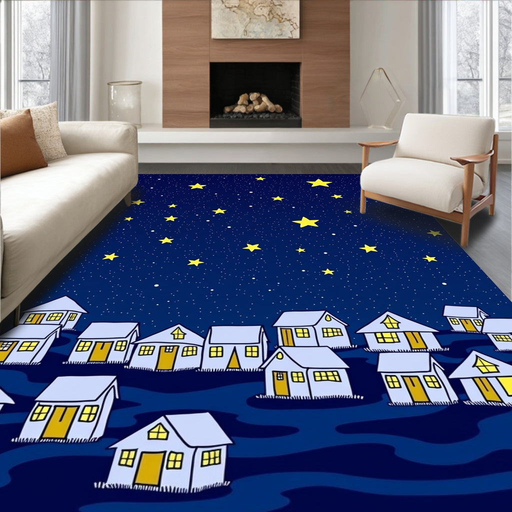 Charming Yellow Stars Night Village Rug