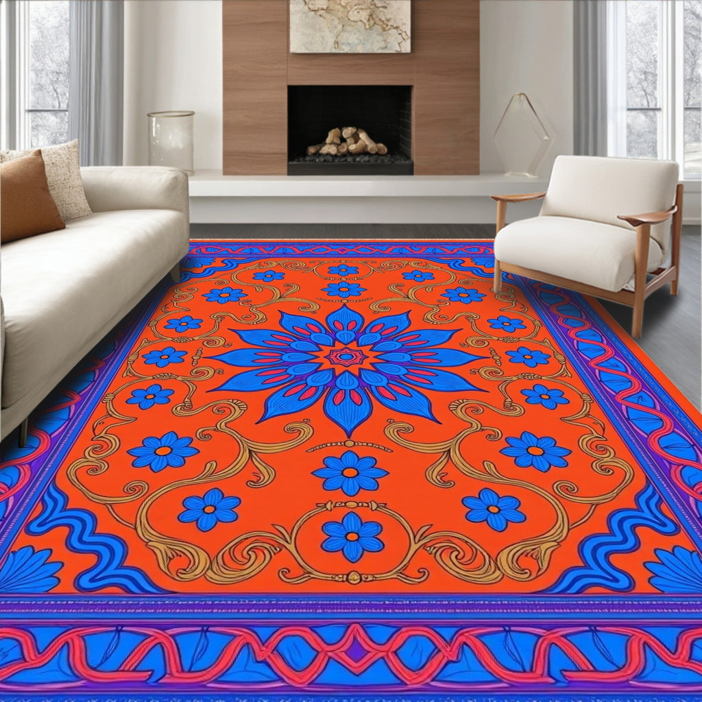 Bold Orange Blue Floral Medallion Rug