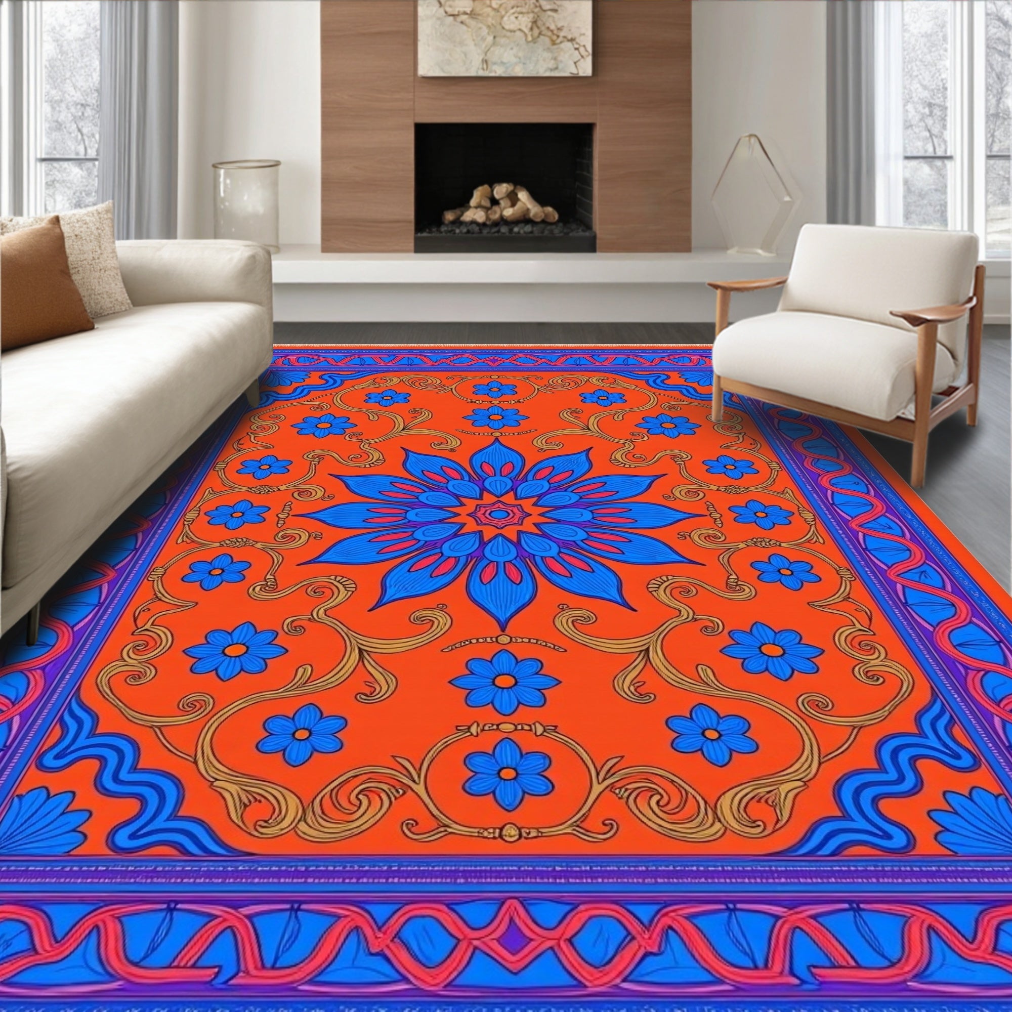 Bold Orange Blue Floral Medallion Rug