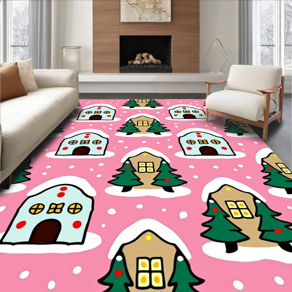 Whimsical Holiday Village Snow Scene Rug