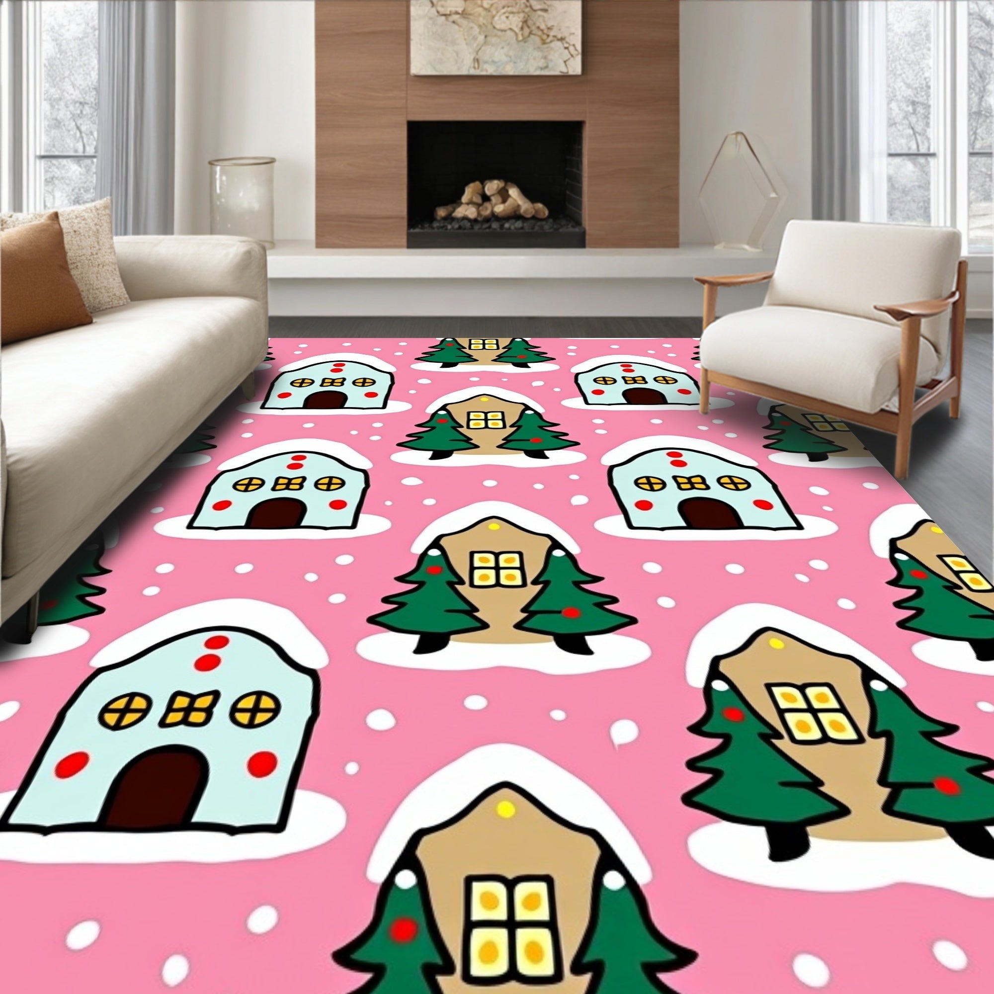 Whimsical Holiday Village Snow Scene Rug