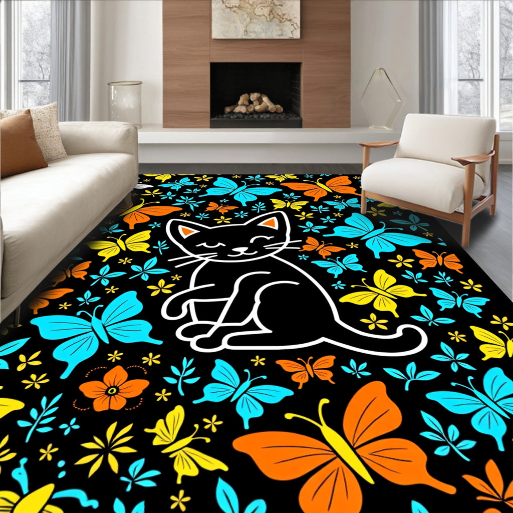 Whimsical Black Cat Butterfly Garden Rug