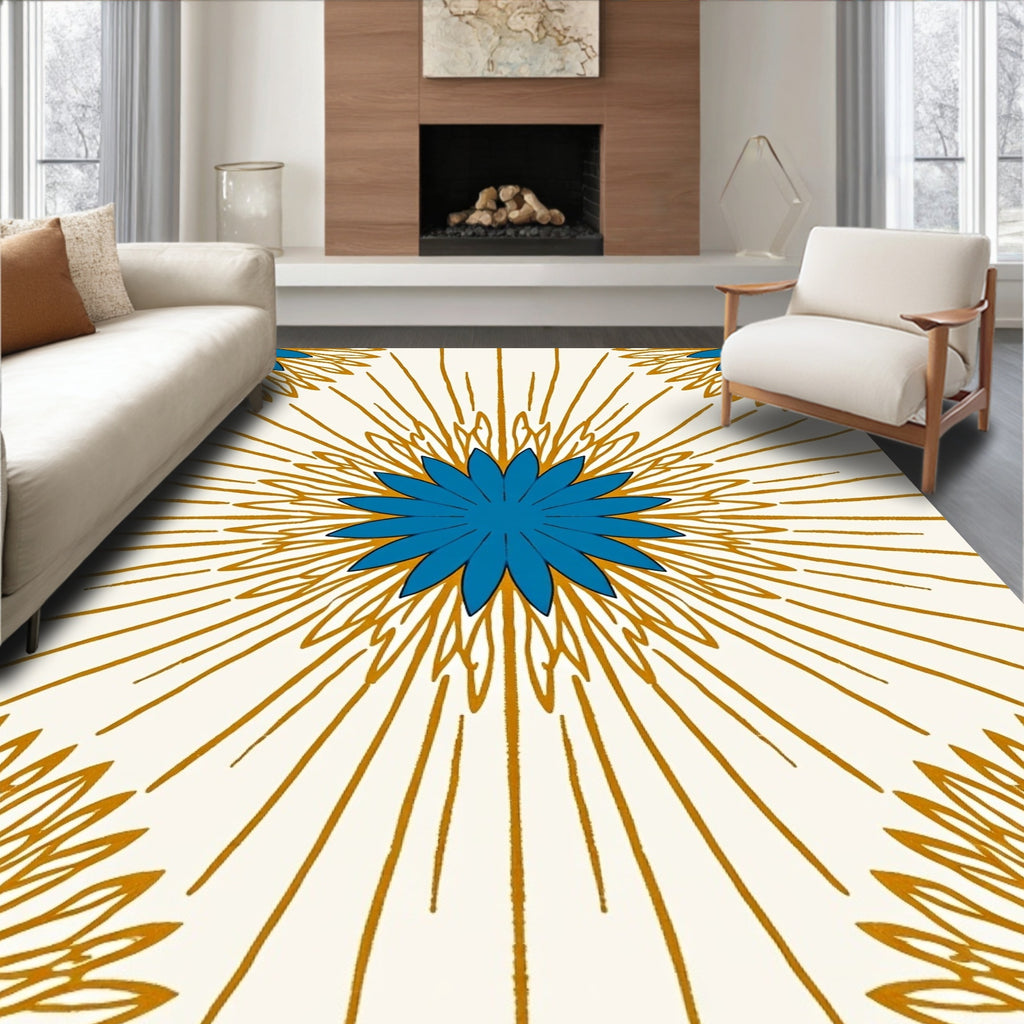 Teal Blue Floral Sunburst Medallion Rug