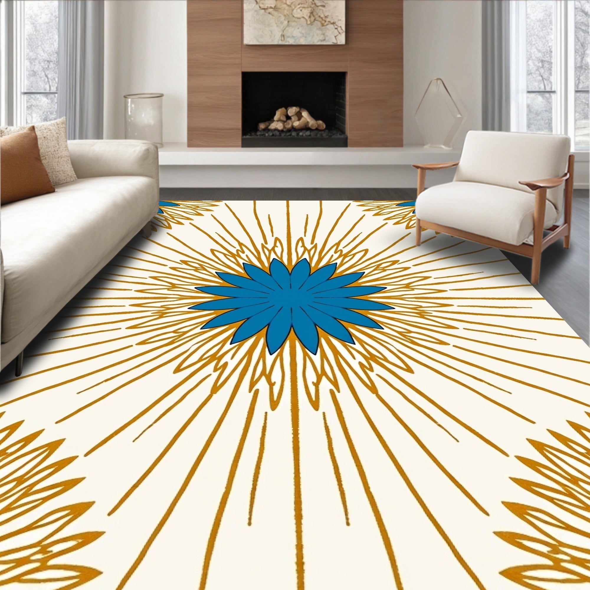 Teal Blue Floral Sunburst Medallion Rug