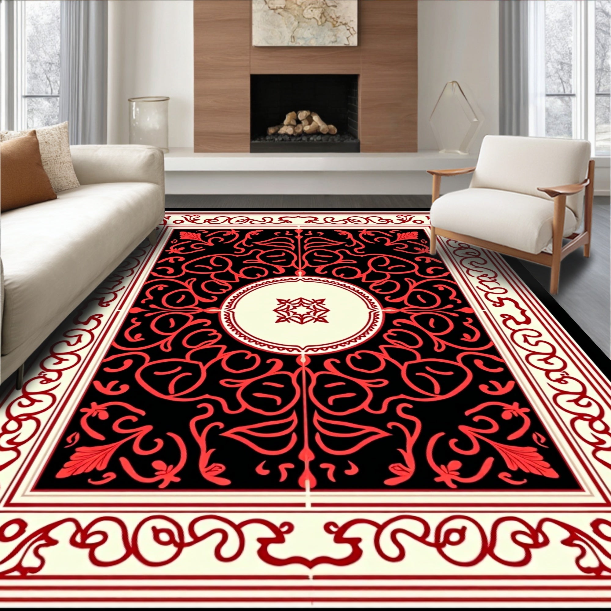 Crimson Black Floral Scroll Medallion Rug