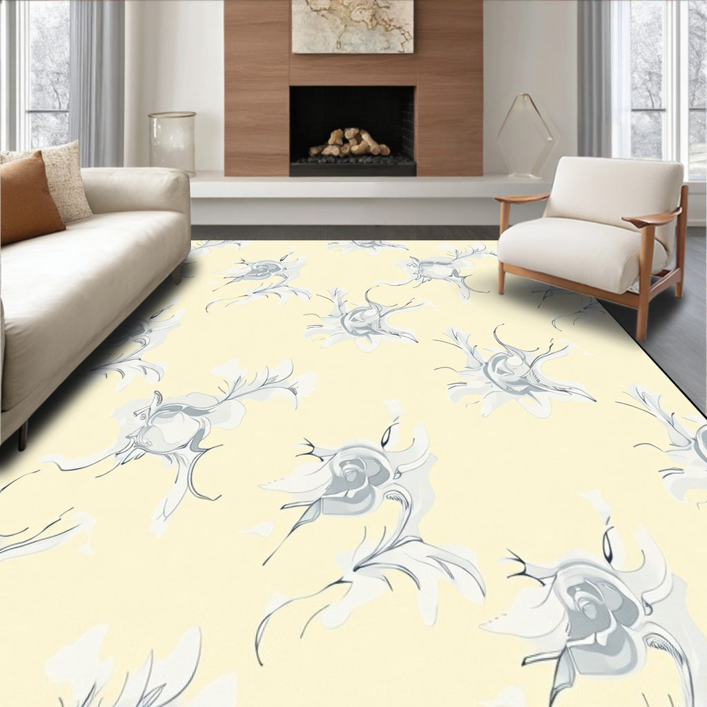 Pale Yellow Delicate Rose Sketch Rug